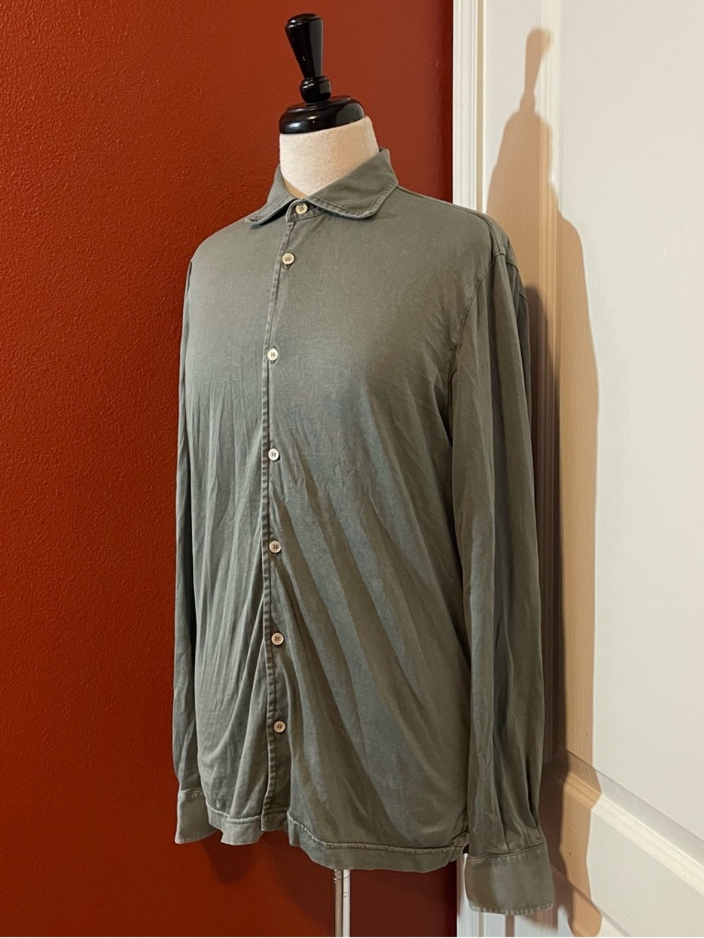 Fedeli Men’s Jersey Button Down Sage Italian Organic Cotton Long Sleeve Shirt